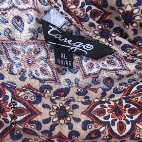 Ecru colour polycotton top with navy-cream-burnt orange graphic print. Tiny cut on sleeves. Size 46