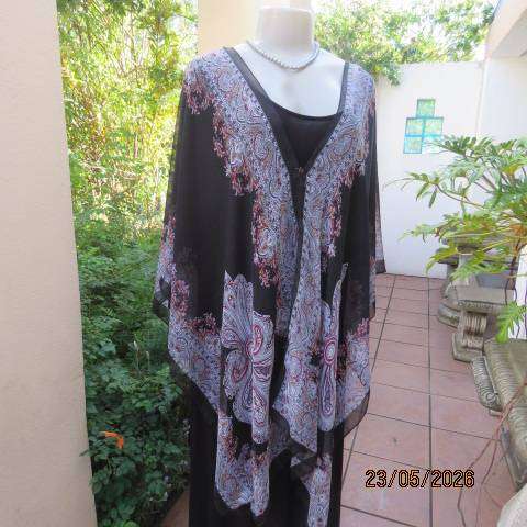 Black sheer polyester throw-over top with white, grey & red baroque print