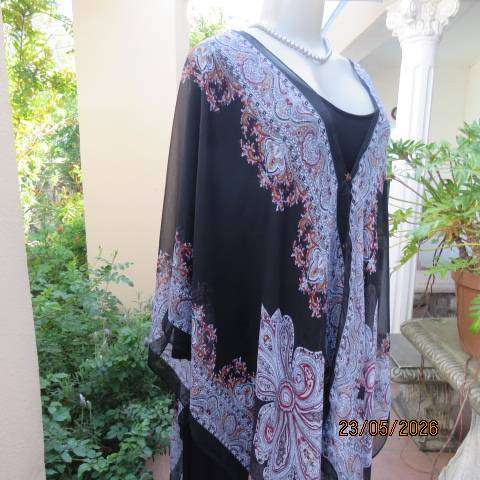 Black sheer polyester throw-over top with white, grey & red baroque print
