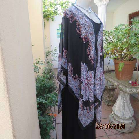 Black sheer polyester throw-over top with white, grey & red baroque print
