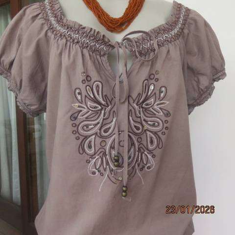 TRUWORTHS ecru colour blouson top with wide elasticated neckline. Size 42.