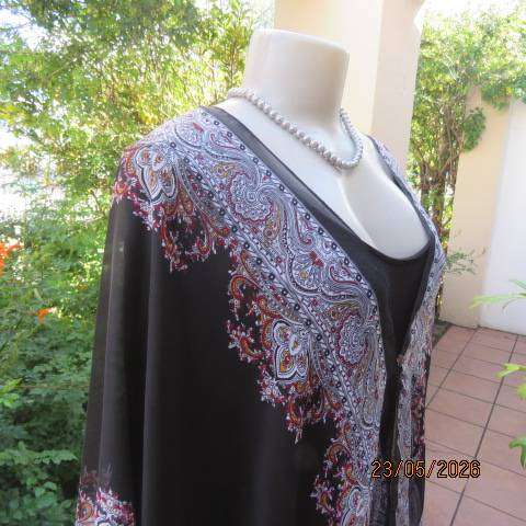 Black sheer polyester throw-over top with white, grey & red baroque print