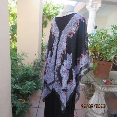 Black sheer polyester throw-over top with white, grey & red baroque print