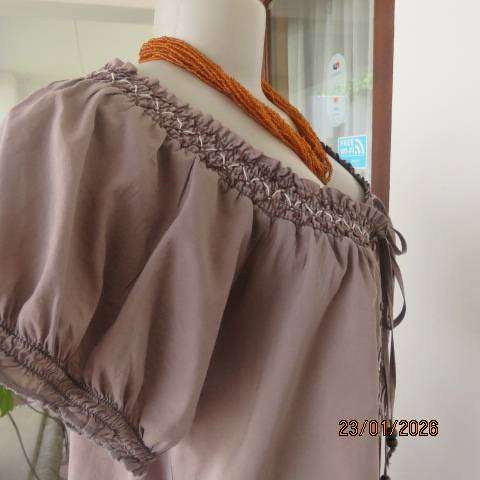 TRUWORTHS ecru colour blouson top with wide elasticated neckline. Size 42.
