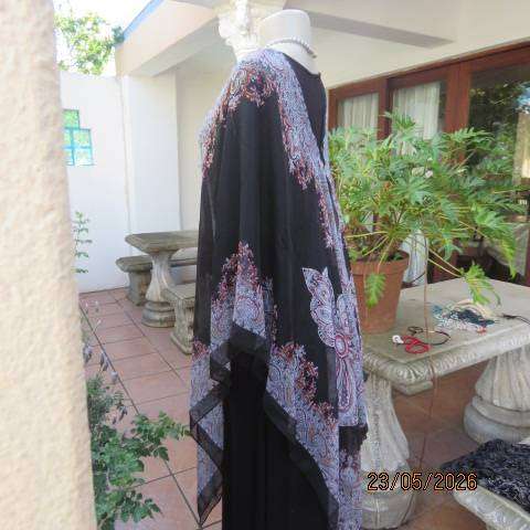 Black sheer polyester throw-over top with white, grey & red baroque print