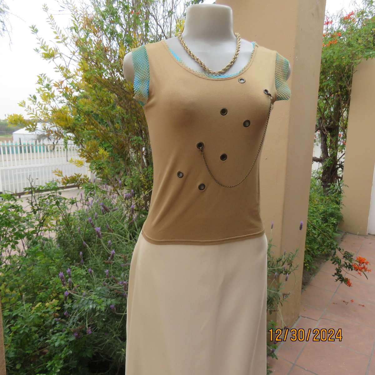 NICCI Paris granola colour slip over top with nylon mesh decoration. Size 34. Studded holes. As new