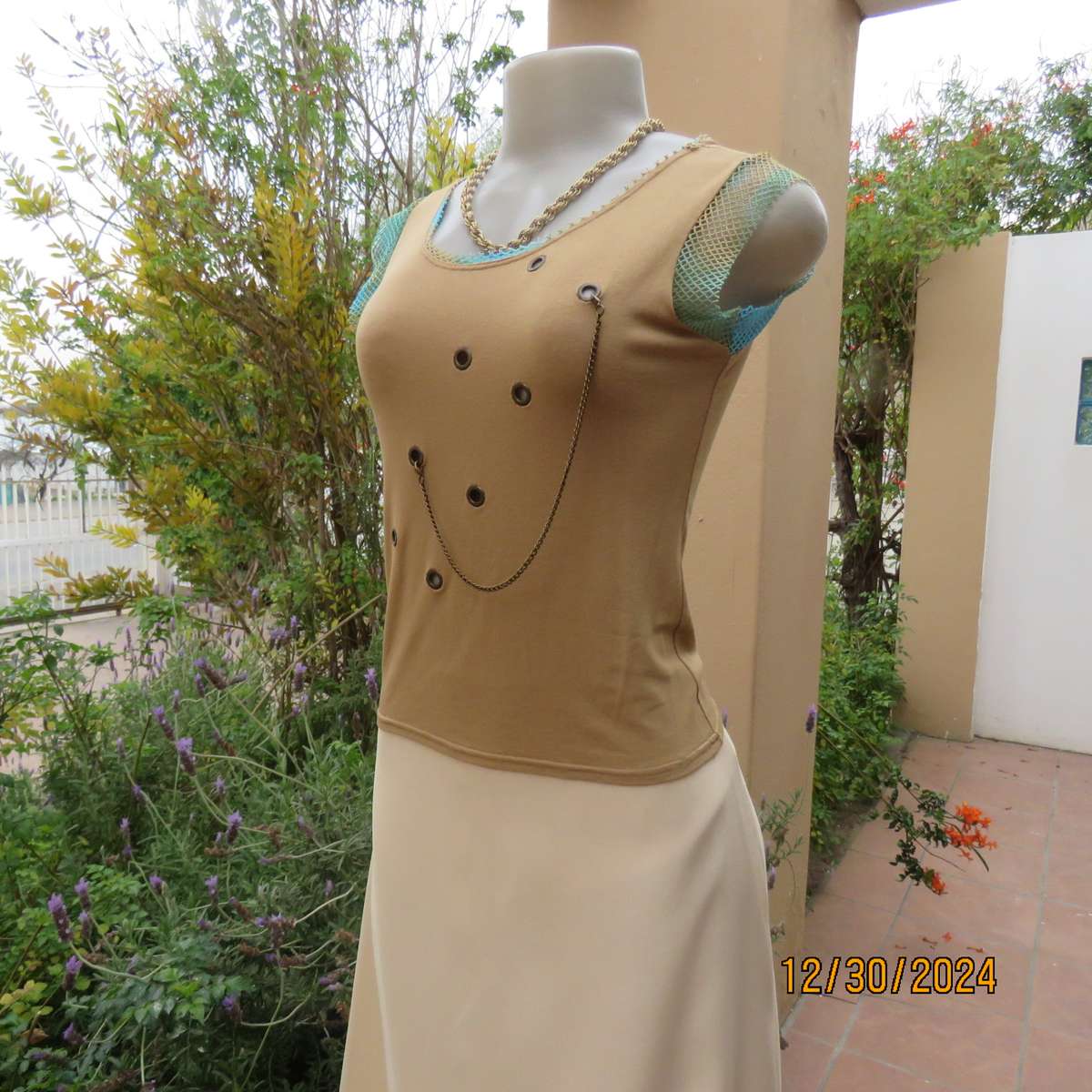 NICCI Paris granola colour slip over top with nylon mesh decoration. Size 34. Studded holes. As new