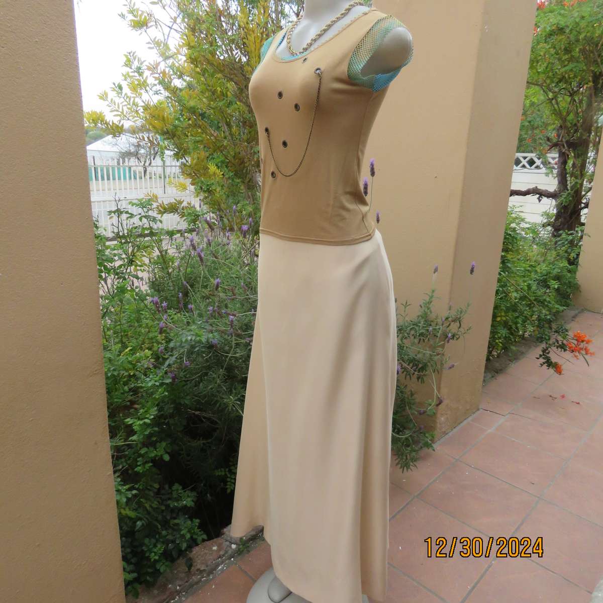 NICCI Paris granola colour slip over top with nylon mesh decoration. Size 34. Studded holes. As new