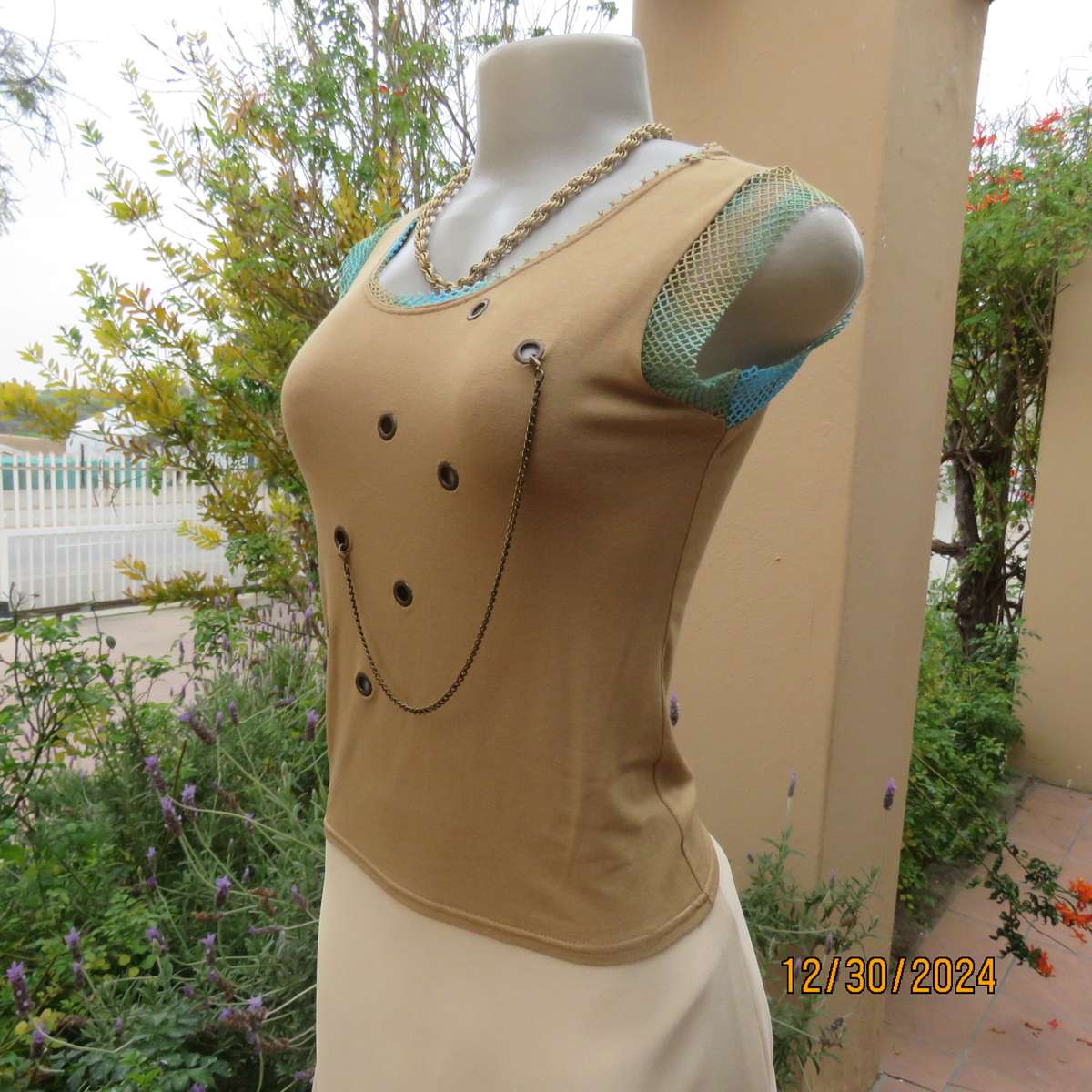 NICCI Paris granola colour slip over top with nylon mesh decoration. Size 34. Studded holes. As new