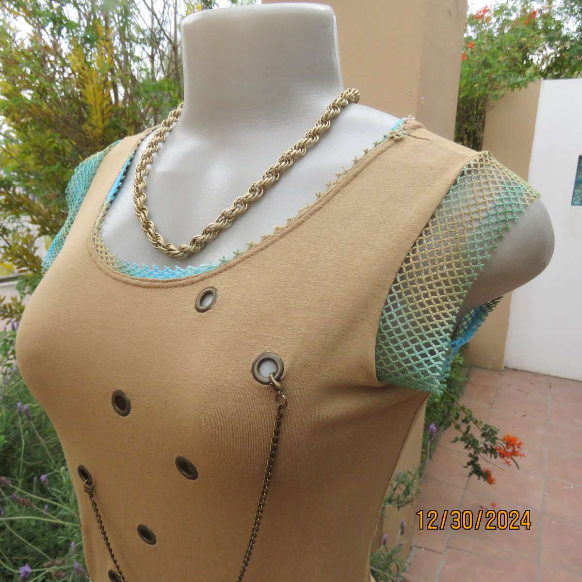 NICCI Paris granola colour slip over top with nylon mesh decoration. Size 34. Studded holes. As new