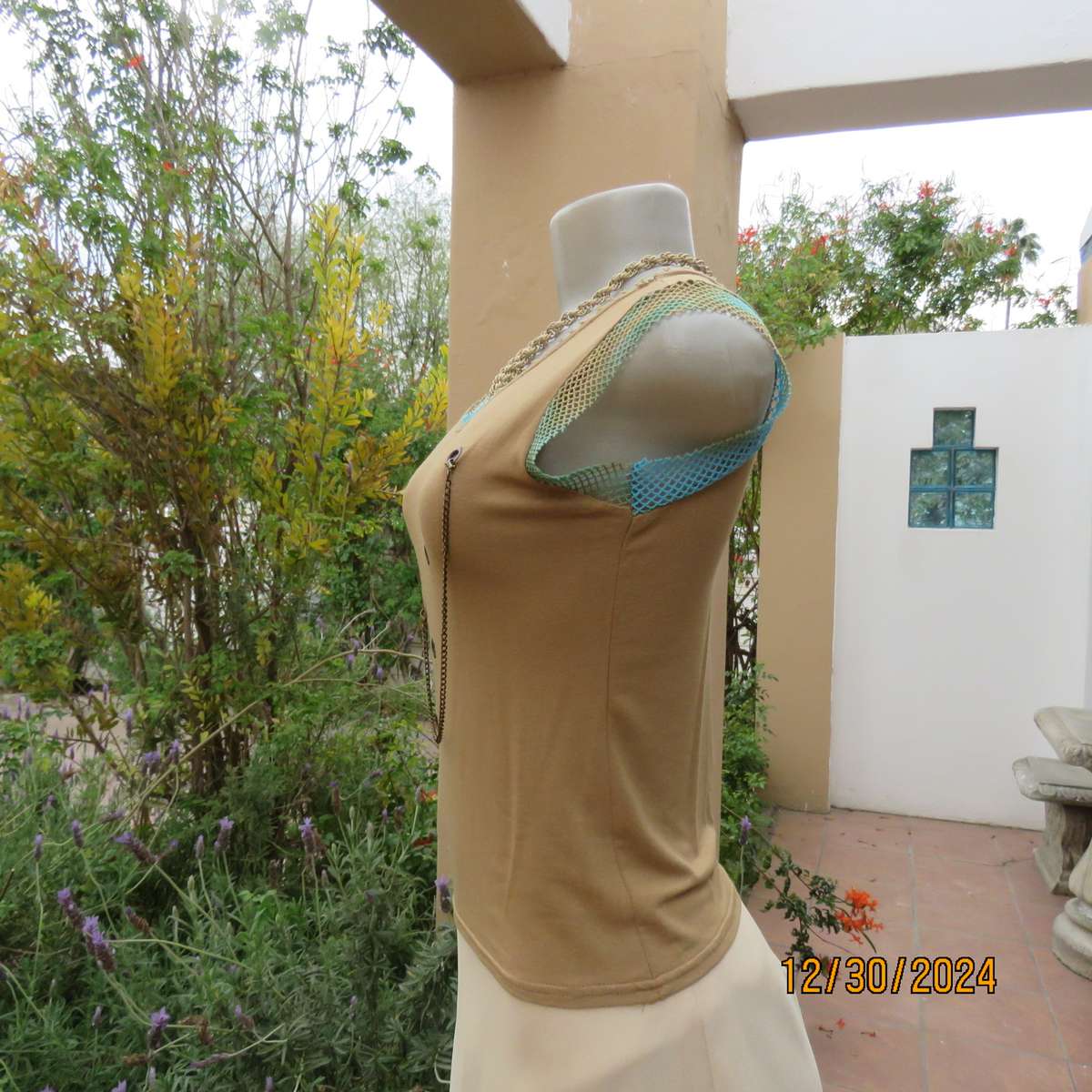 NICCI Paris granola colour slip over top with nylon mesh decoration. Size 34. Studded holes. As new