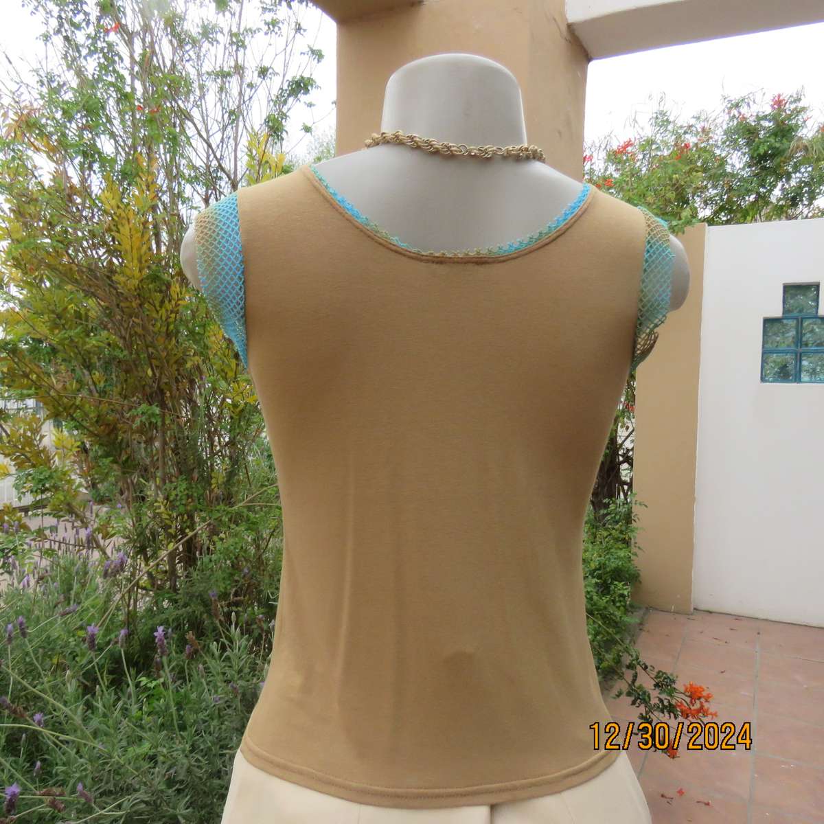 NICCI Paris granola colour slip over top with nylon mesh decoration. Size 34. Studded holes. As new