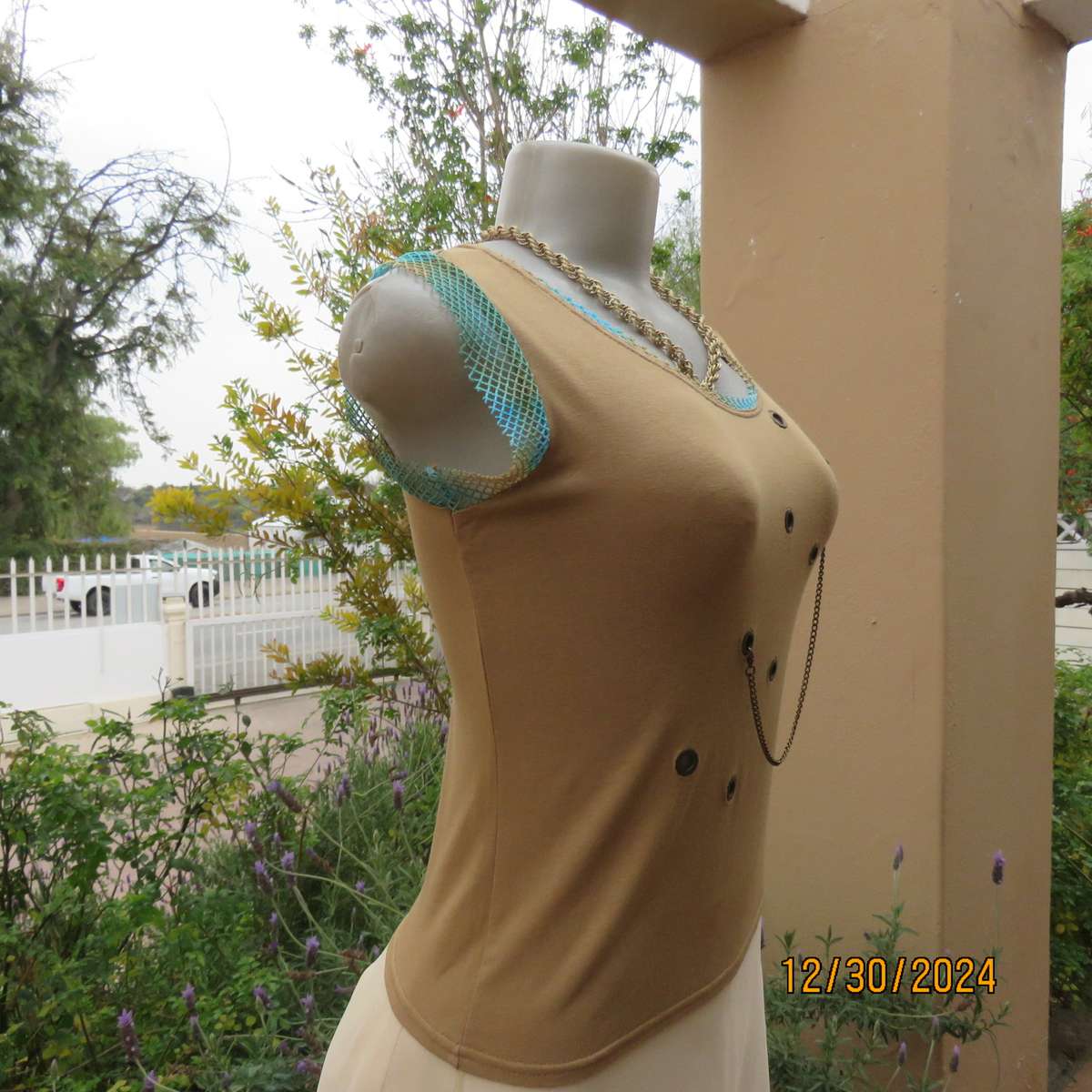 NICCI Paris granola colour slip over top with nylon mesh decoration. Size 34. Studded holes. As new