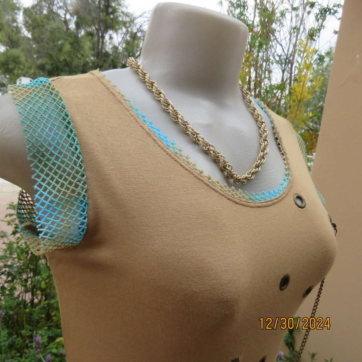 NICCI Paris granola colour slip over top with nylon mesh decoration. Size 34. Studded holes. As new