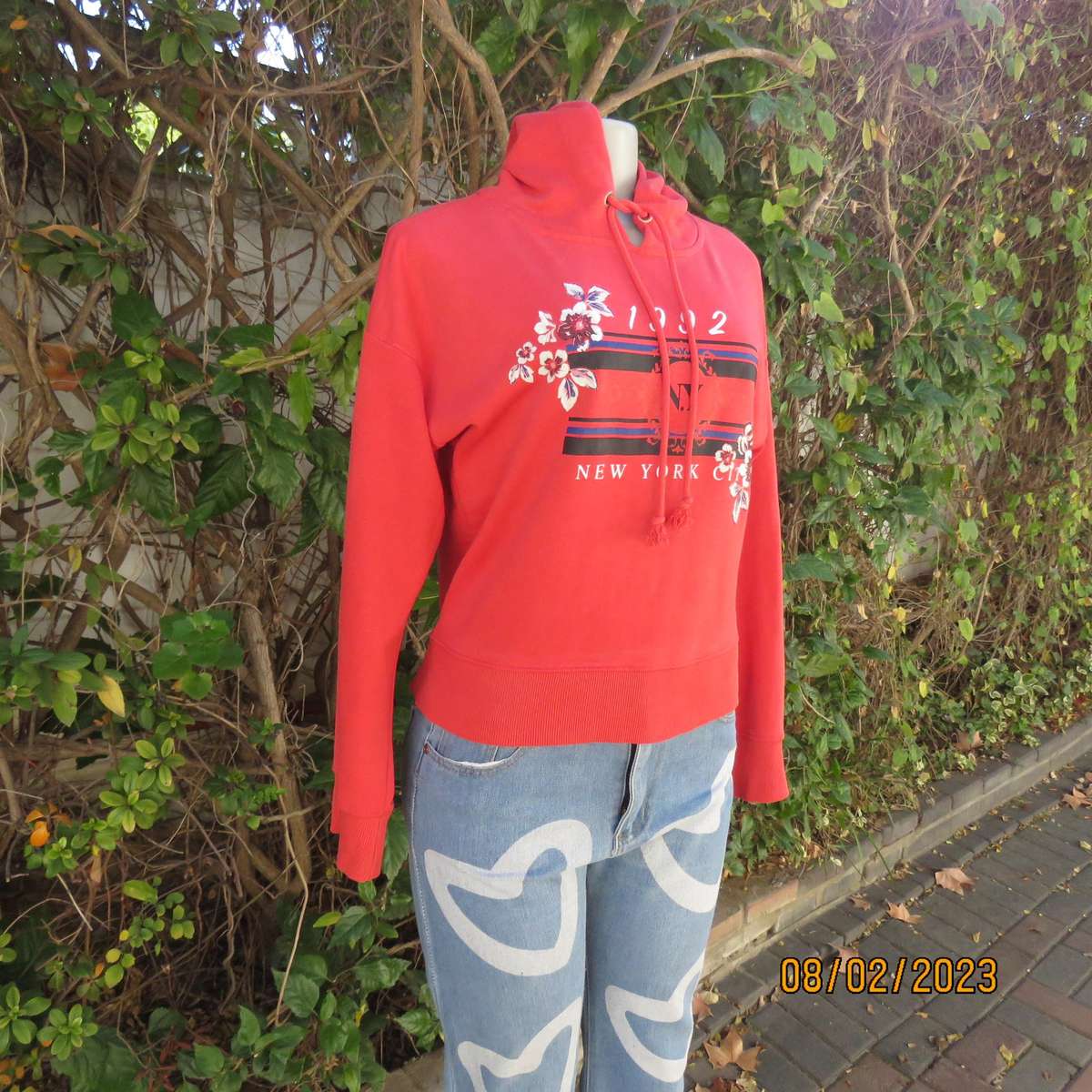 NEW LOOK crimson red hooded top with drawstring. Size 36. Warm inner.