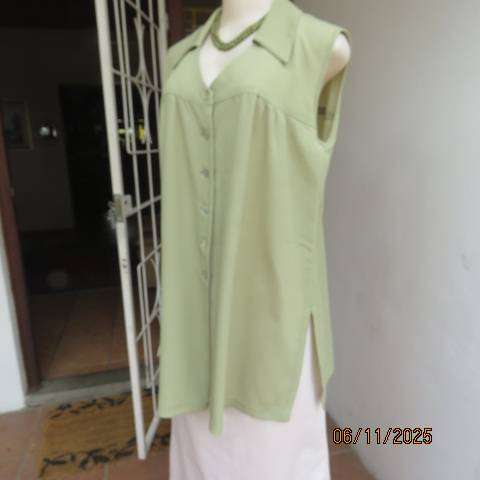 Avo green long button down textured polyester top with collar and yokes. Size 42