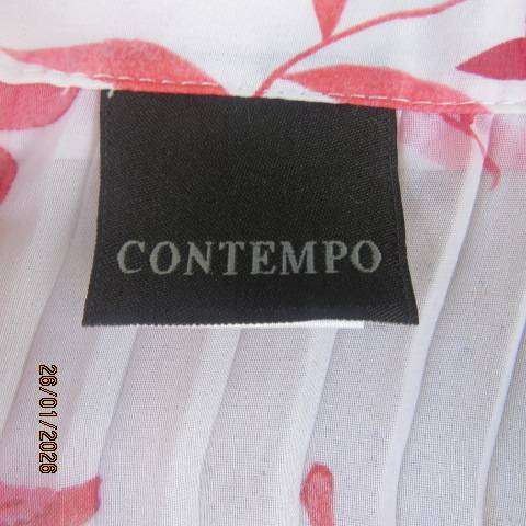 CONTEMPO white permanent pleated sheer polyester top with crimson floral pattern. Size 38