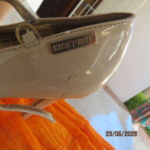 SISSY BOY cream patent leather platform stiletto shoes with T strap, size 5