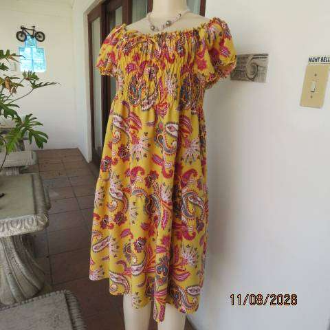 Judy's Pride yellow tiered dress with paisley boho print elasticated bodice-neckline size  42-4