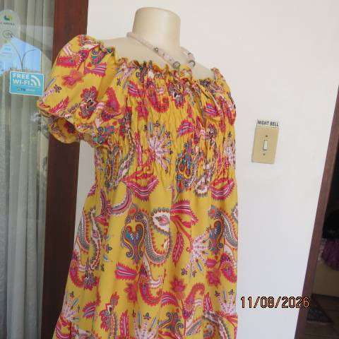 Judy's Pride yellow tiered dress with paisley boho print elasticated bodice-neckline size  42-4