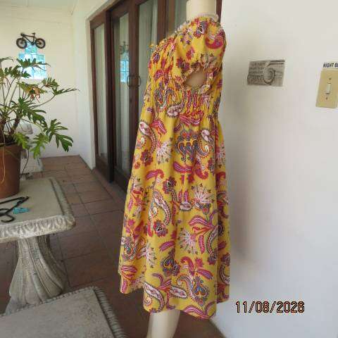 Judy's Pride yellow tiered dress with paisley boho print elasticated bodice-neckline size  42-4