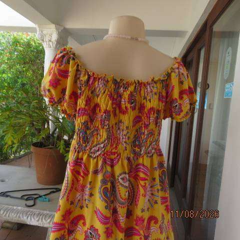 Judy's Pride yellow tiered dress with paisley boho print elasticated bodice-neckline size  42-4