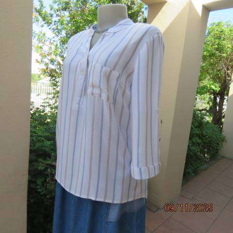 White Viscose Vertical Blue-Light Brown Striped Top Size 38