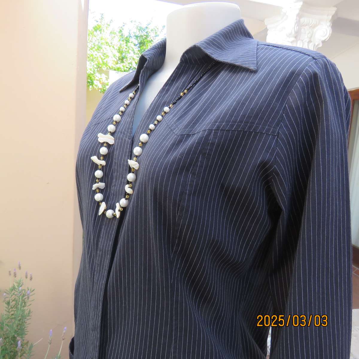 RE black-white pinstripe long sleeve stretch cotton top. Cowboy yokes. Size 36. Hidden button down.