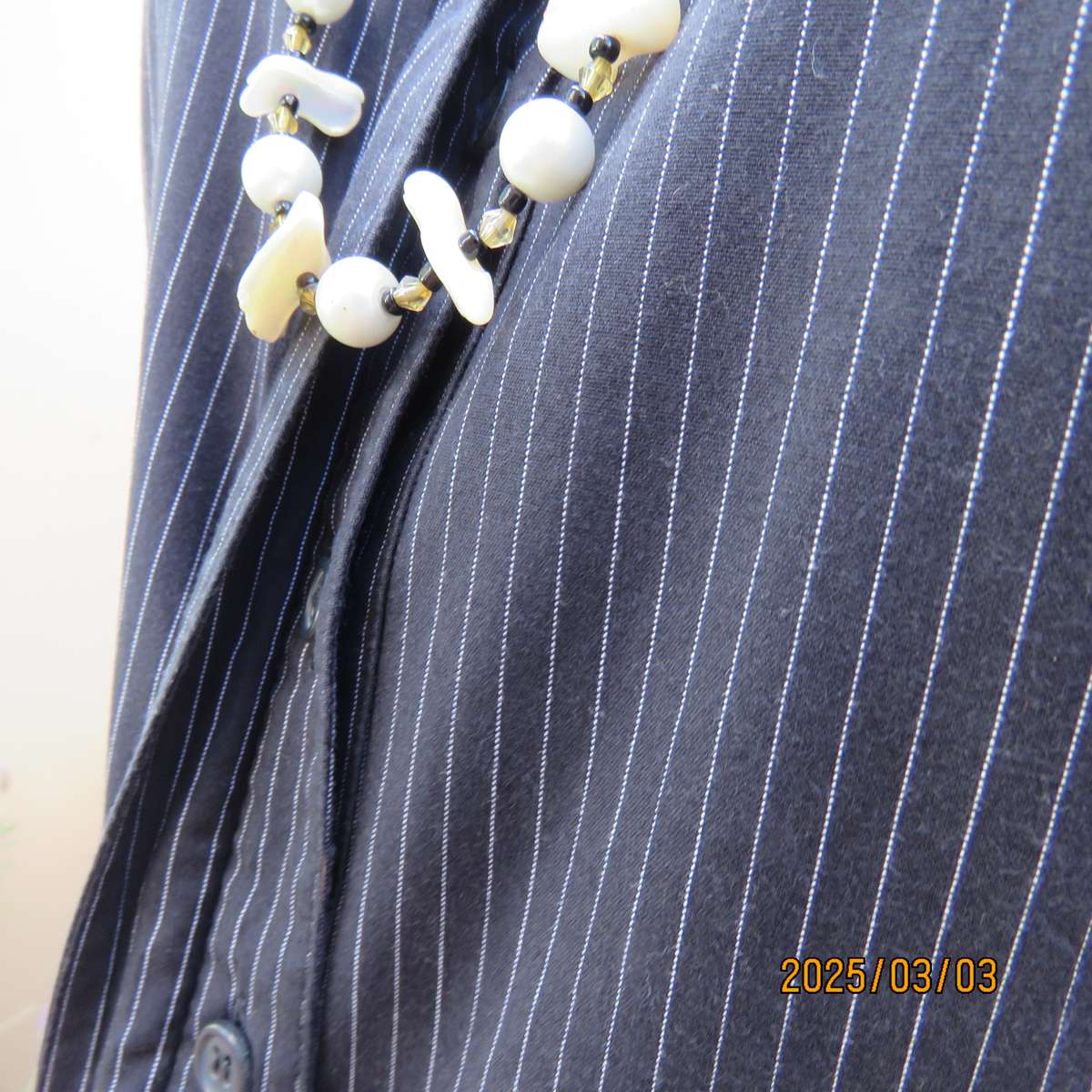 RE black-white pinstripe long sleeve stretch cotton top. Cowboy yokes. Size 36. Hidden button down.