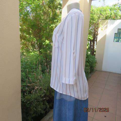 White Viscose Vertical Blue-Light Brown Striped Top Size 38