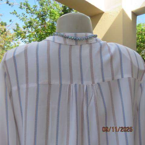 White Viscose Vertical Blue-Light Brown Striped Top Size 38
