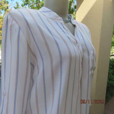 White Viscose Vertical Blue-Light Brown Striped Top Size 38