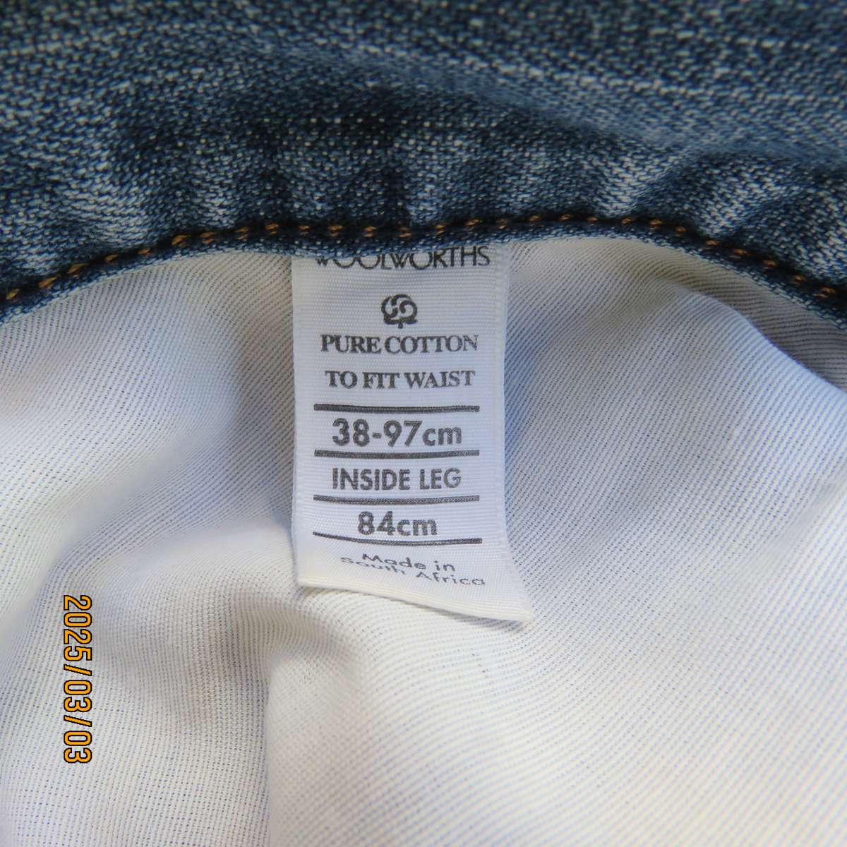 WOOLWORTHS pure cotton blue denim jeans size 38. Pockets back-front. Inner leg 74cm.