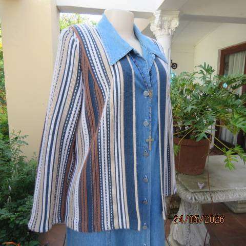 BACNIT long sleeve vertical pattern knit open front cardigan in navy-cream and brown, size 34-36
