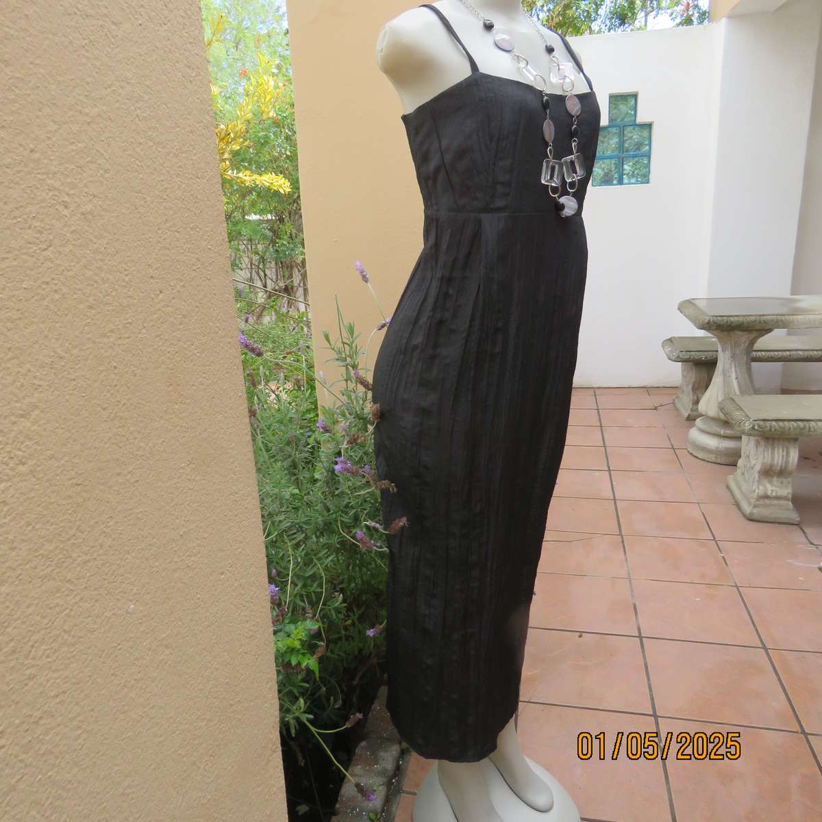 Stunning ankle length black crinkled polyester strappy dress in empire style. Size 34. As new