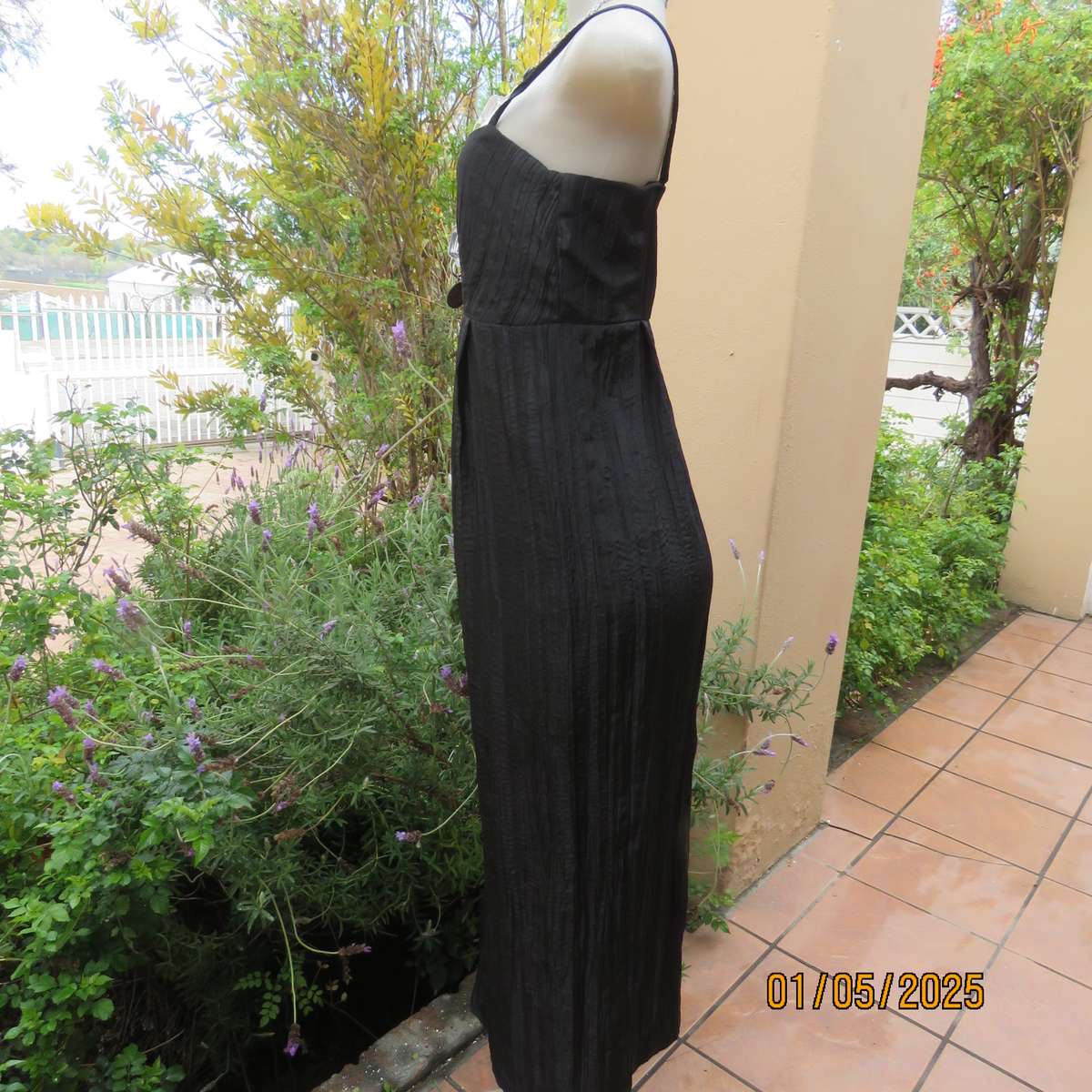 Stunning ankle length black crinkled polyester strappy dress in empire style. Size 34. As new