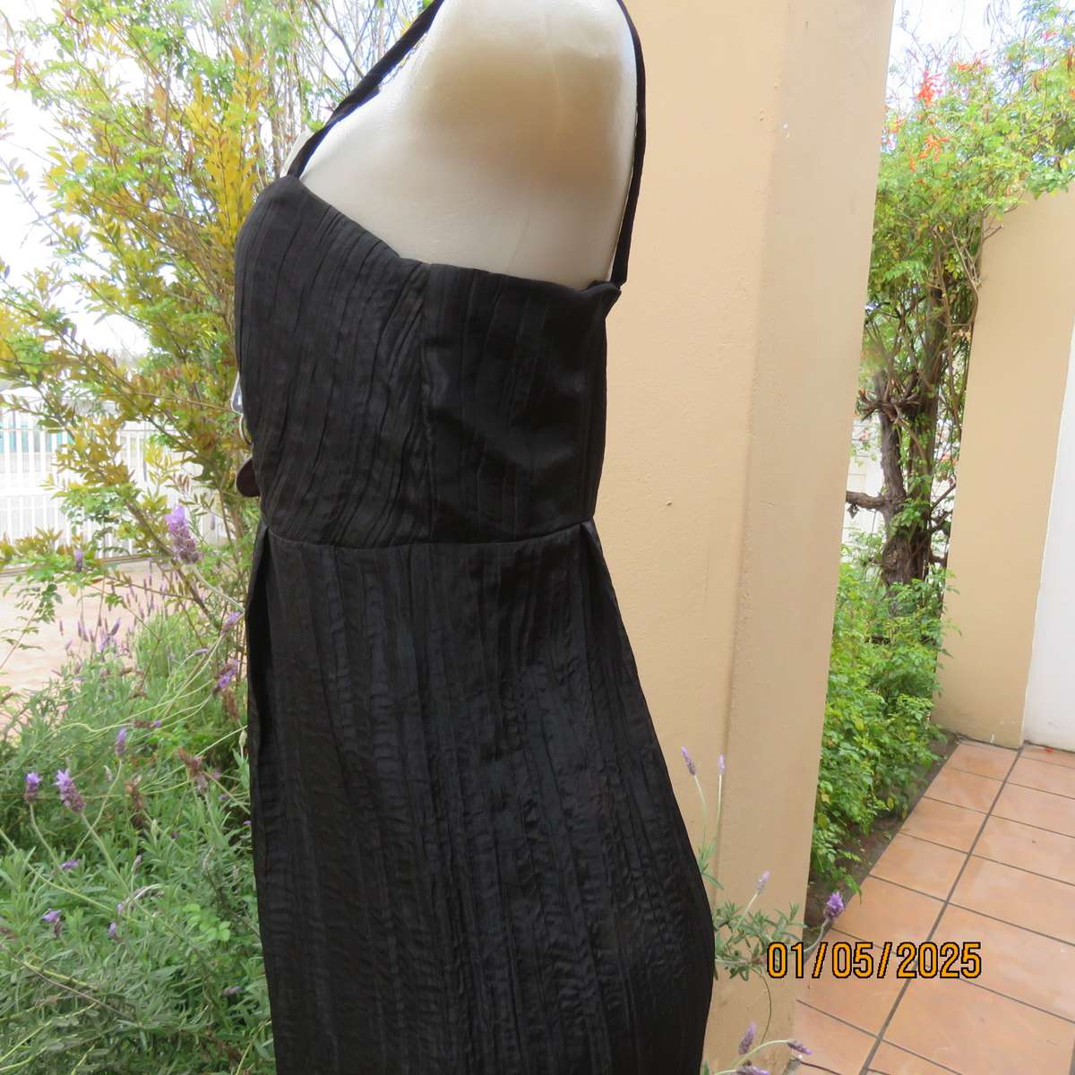 Stunning ankle length black crinkled polyester strappy dress in empire style. Size 34. As new
