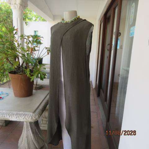 Olive green sleeveless ankle-length high neck top with cross-over front in size 38-40