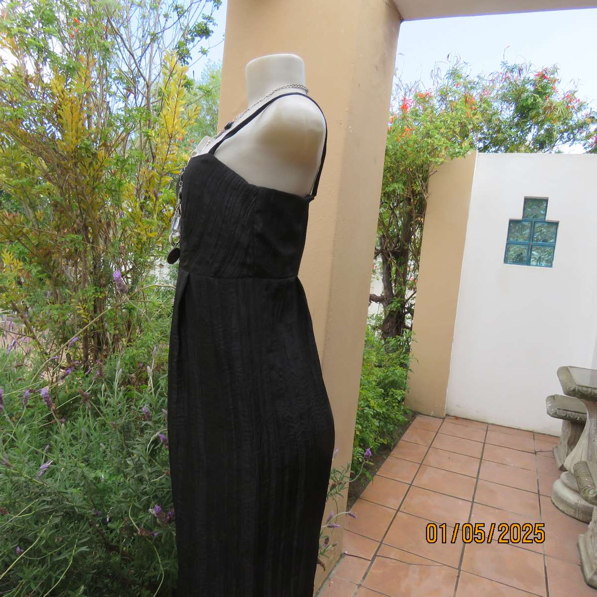 Stunning ankle length black crinkled polyester strappy dress in empire style. Size 34. As new