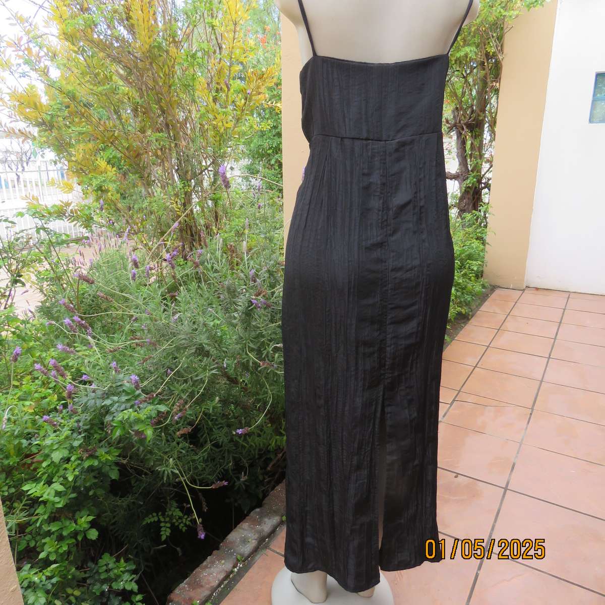 Stunning ankle length black crinkled polyester strappy dress in empire style. Size 34. As new