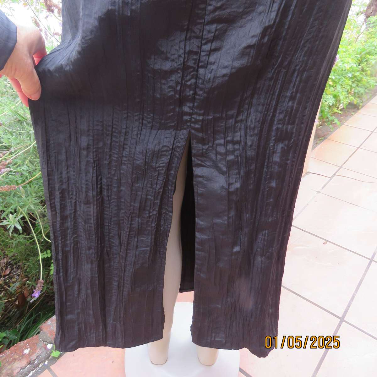 Stunning ankle length black crinkled polyester strappy dress in empire style. Size 34. As new