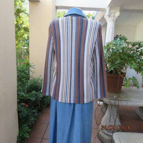 BACNIT long sleeve vertical pattern knit open front cardigan in navy-cream and brown, size 34-36