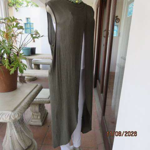 Olive green sleeveless ankle-length high neck top with cross-over front in size 38-40