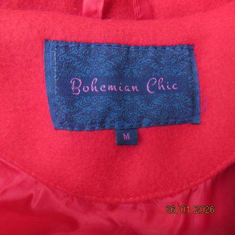BOHEMIAN CHIC cherry red winters polyester fully lined jacket with belt. Size 36