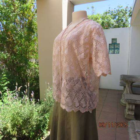 Blushing apricot acrylic lace slip over short sleeve top. Scalloped edging. Size 42