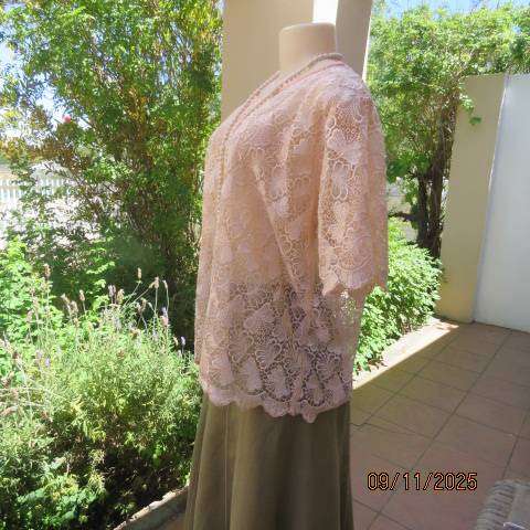 Blushing apricot acrylic lace slip over short sleeve top. Scalloped edging. Size 42