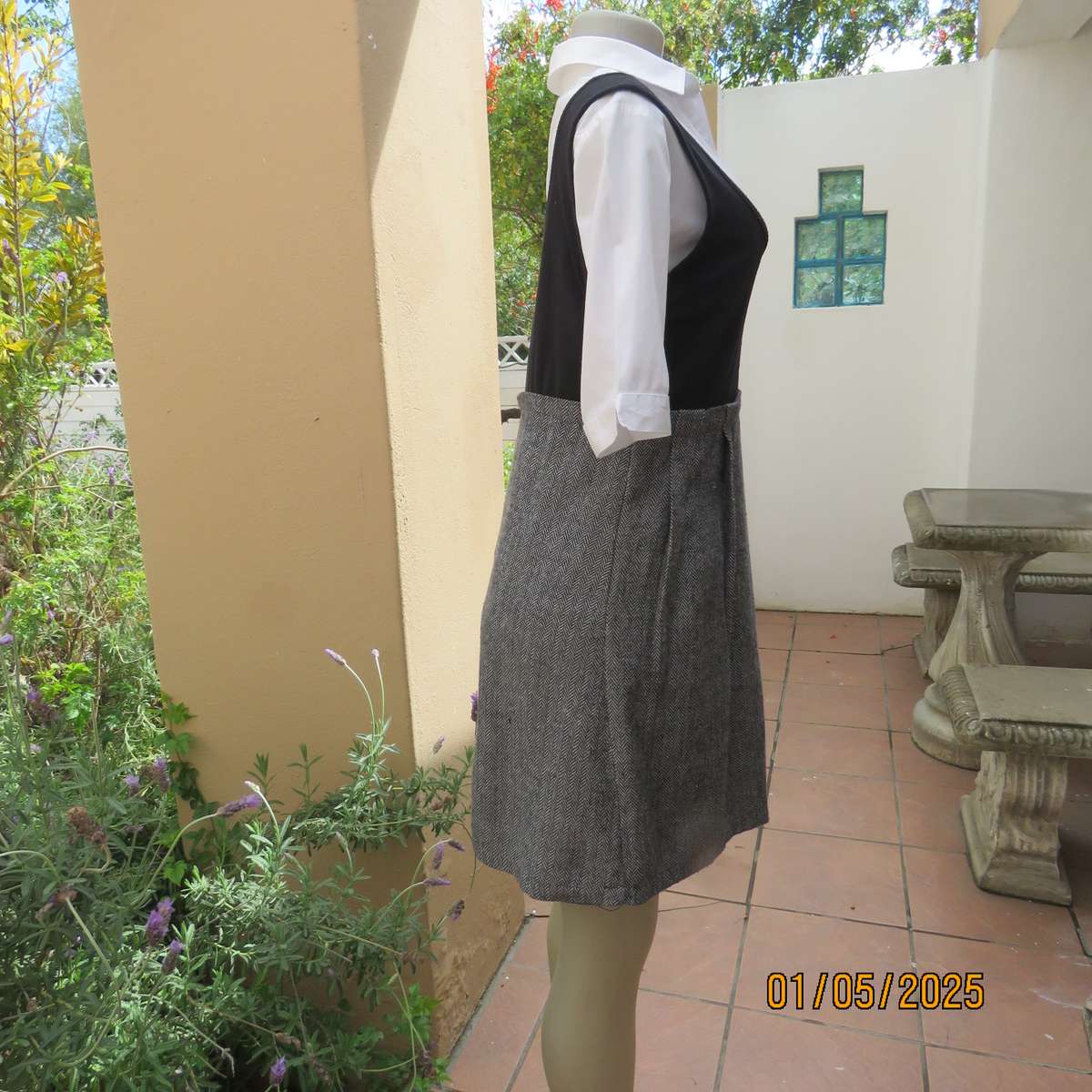 Pinafore with black stretch polyester top-black and white striped woolen bottom .Size 36.