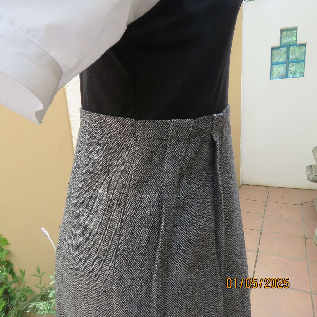 Pinafore with black stretch polyester top-black and white striped woolen bottom .Size 36.