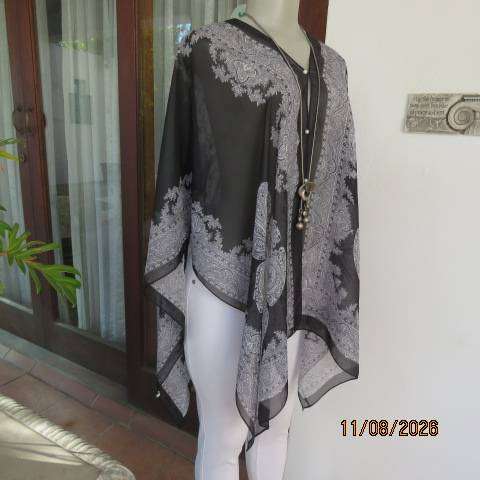 Black and white baroque print sheer polyester throw with tiny white buttons  fits all