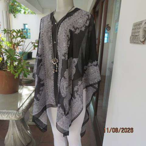 Black and white baroque print sheer polyester throw with tiny white buttons  fits all